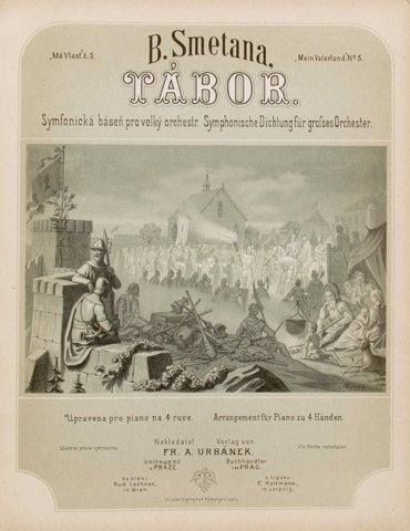 první vydání (Fr. A. Urbánek, 1880) symfonické básně Tábor pro klavír na čtyři ruce, ilustrace Antonín König (eSbírky, Národní muzeum – České muzeum hudby, CC BY 4.0)